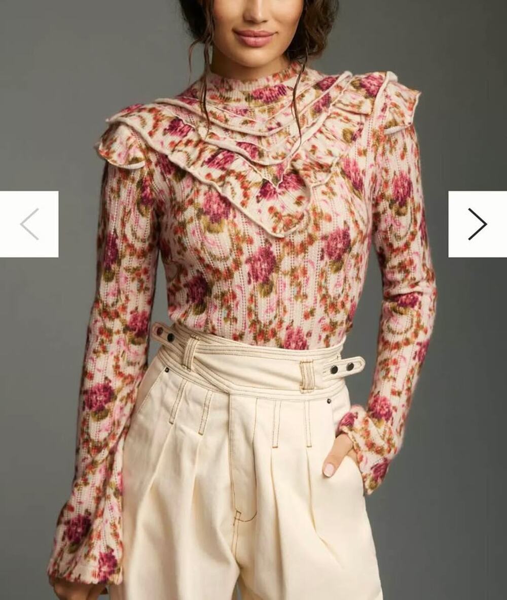 Anthropologie The Cashmere Collection Floral Ruffle Sweater Size S